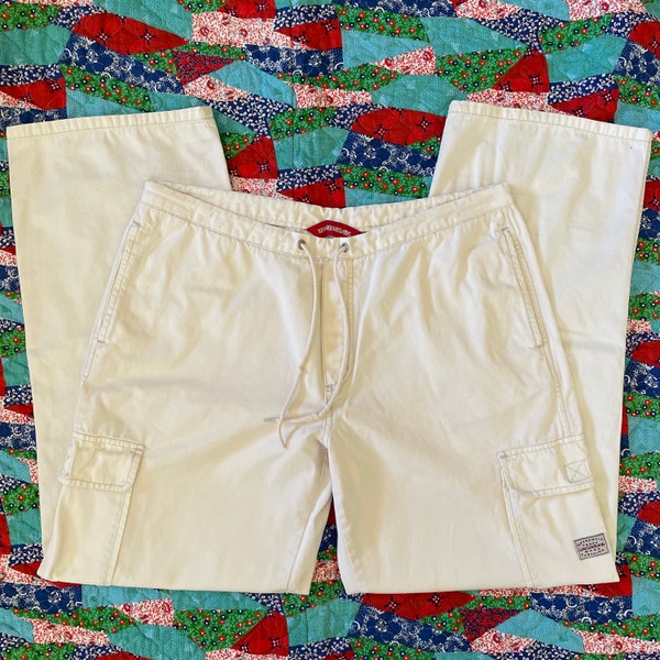 Size M-L Vintage 90s Union Bay Cargo Pants White Cream Baggy Wide Straight Leg Drawstring Utility Gorp Grunge Painter Streetwear Cotton