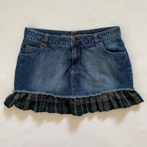 Size S Vintage Y2K Arizona Jeans Mini Skirt Medium Wash Ruffle Denim Navy Green Gray Plaid Pleated Micro Shorts Under Preppy Grunge 2000s