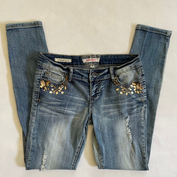 Size XS Vintage Y2K Hot Kiss Low Rise Skinny Jeans Bedazzled Rhinestones Jewels Light Wash Faded Distressed McBling 00s Rocker