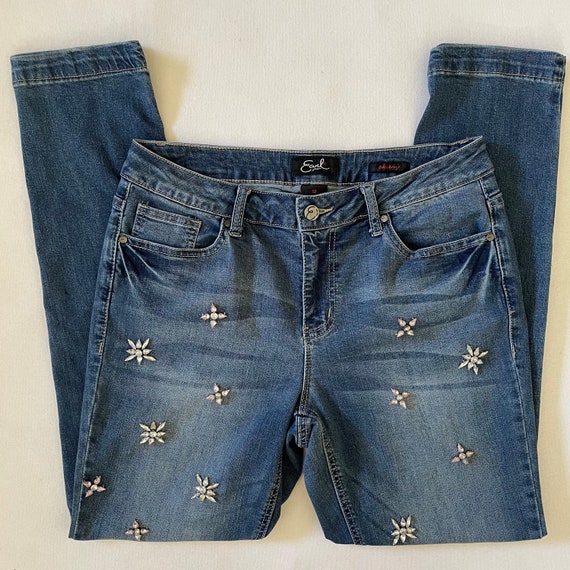 Size M Vintage Y2K Earl Jeans Mid Rise Skinny Bedazzled Jewels Embellished  Rhinestones Medium Wash Stretchy Denim Mcbling 2000s 