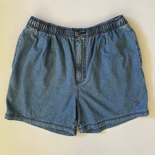Size M-XL Vintage 90s Jean Shorts High Rise Bermuda Jorts 5.5” Elastic Waist Drawstring Medium Wash Denim Cotton Grunge Gorp Momcore Dadcore