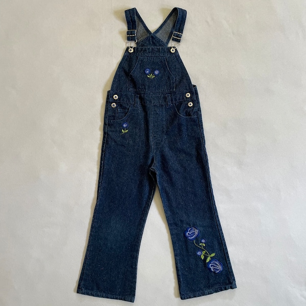 Girls Size 6 Vintage Y2K Faded Glory Denim Overalls Blue Green Floral Embroidered Shiny Glitter Metallic Sparkly Kids Youth