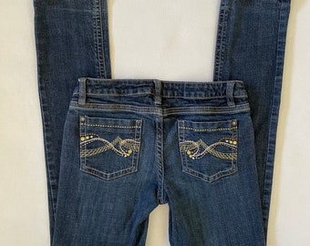 Size XS Vintage Y2K Clash Jeans Low Rise Skinny Dark Wash Denim Embroidered Thick Hems Straight Leg Fairy Grunge Cyber 2000s