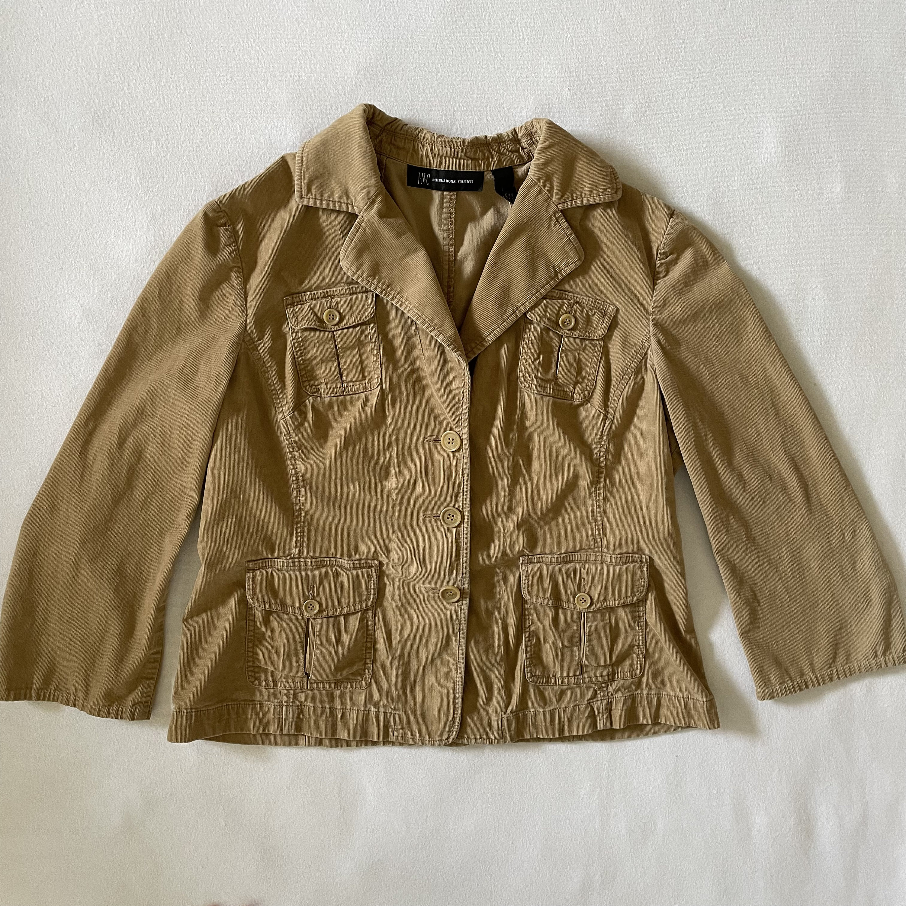 Size L Vintage Y2K INC Corduroy Jacket Tan Cropped Blazer Flap 