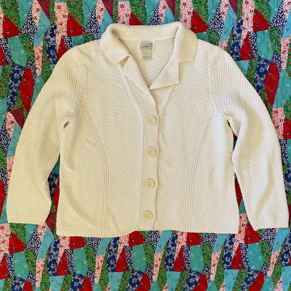 Size L Vintage Y2K L.L. Bean Cardigan Chunky White Knit Oversized Cotton Sweater Cream Collared Fisherman Cottage Cottagecore 2000s