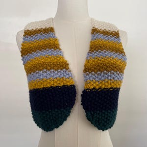 Size XS Hand Knit Open Front Vest Gilet Baby Alpaca Striped Multi Color Mustard Navy Green Retro Cropped Soft
