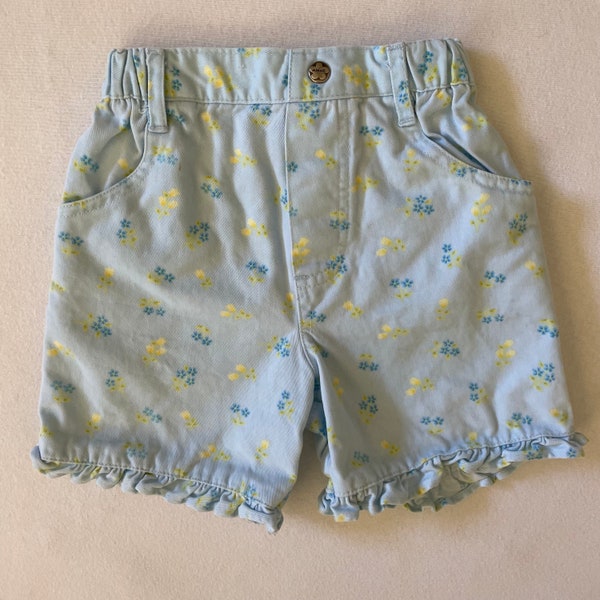 Baby Size 24M Vintage 90s Minnie Mouse Jean Shorts Disney Floral Light Blue Yellow Denim Elastic Waist Ruffle Hems Cotton Boho