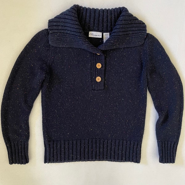 Size S Vintage Y2K Classic Blues Sweater Navy Speckled Multicolored Cowl Neck Chunky Wood Buttons Wool Blend Fisherman Preppy