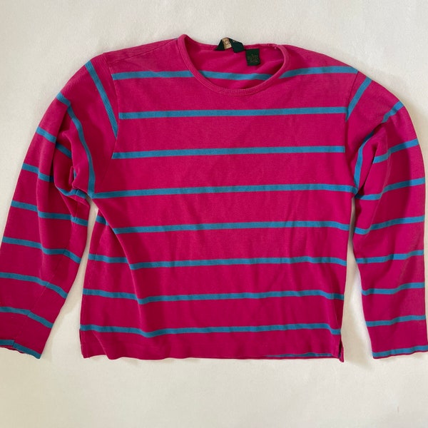 Size L/XL Vintage 80s J. Crew Top Striped Hot Pink Blue Stripes Long Sleeve Crewneck Cotton Preppy Sporty Oversized