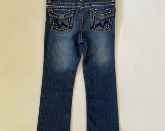 Girls Size 6 Vintage Y2K YMI Flare Jeans Dark Wash Denim Embroidered Flap Pockets Contrast Stitching Stretchy Kids Youth Grunge Cyber 2000s