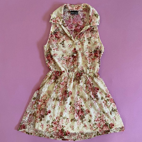 Size XS Vintage 90s Wet Seal Mesh Floral Mini Tank Dress Pink White Roses Collared A-line Short Sleevless Grunge Boho Spring Summer