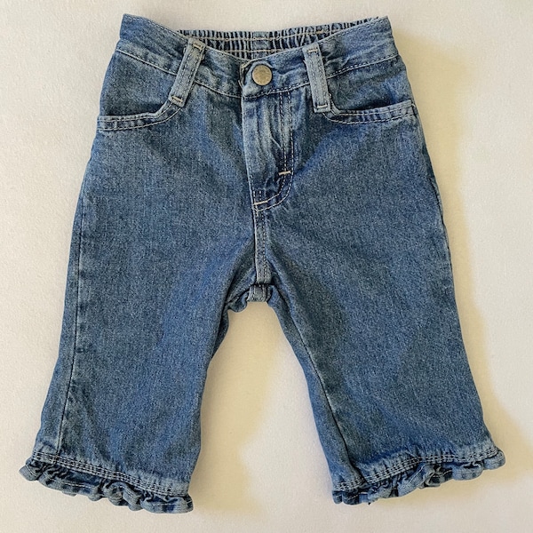 Baby Size 12M Vintage 90s Riders Jeans Medium Wash Denim Elastic Waist Ruffle Hem Cotton Boho