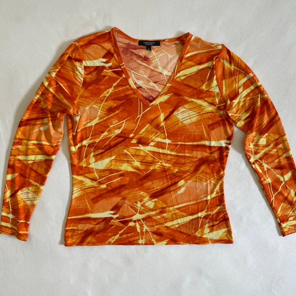 Size L Vintage 90s Karen Kane V-neck Top Long Sleeve Stretchy Tight Orange Yellow Abstract Print Blouse Bright Neon Rave Raver Club Kid