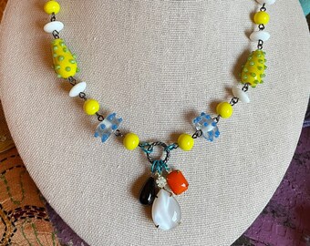 Lampwork Beaded Necklace: Vintage Czech Glass, Rhinestone Pendant