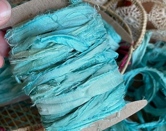 Aqua Blue Sari Silk Ribbon: 10 Yards, Junk Journal Fiber Art