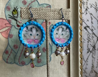 Cat Earrings Kitten Kitty Jewelry OOAK Dangle Chandelier Handmade Vintage Ephemera Folk Art Bottle Cap Fresh Water Pearls Pink Rhinestone