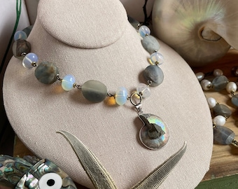 Ammonite Fossil Necklace: Fluorite & Opaline Glass Beaded Assemblage