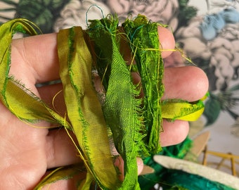 Emerald Green Sari Silk Ribbon: 10 Yards Hand-Dyed Fiber Art