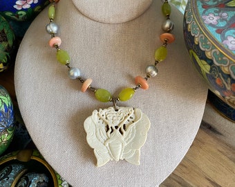 Handmade Serpentine Pearl Necklace: Carved Resin Bat Pendant, Bohemian Jewelry