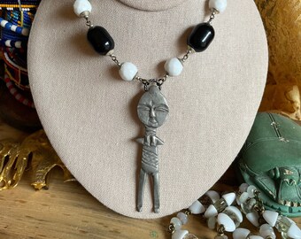 Assemblage Necklace: Vintage Glass Beads, Metal Totem Pendant