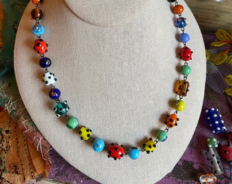 Lampwork Beaded Necklace Vintage Assemblage Reclaimed Color Contrast Artist Graphic Funky Indian millefiori  OOAK