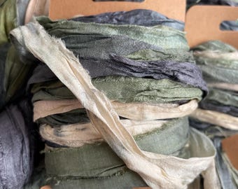 Vintage Sari Silk Ribbon: Lichen Green, Grey, Cream - 10 Yards