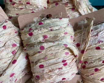 Vintage Sari Silk Ribbon: Pink Polkadot, Junk Journal Fiber Art - 10 Yards