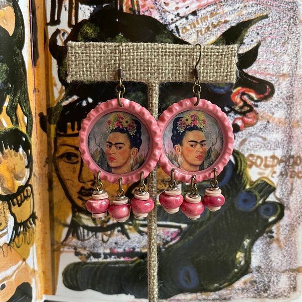 Frida Kahlo Earrings Folk Art Bottle Cap Female Artist Feminist Animals Mexico OOAK Dangle Chandelier Jewelry Handmade Pink Rose