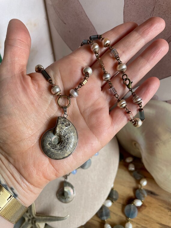 Ammonite Pendant Necklace: Vintage Glass Beads, Freshwater Pearls, Rosary Chain