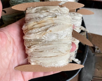 Vintage Sari Silk Ribbon 10 Yards CREAM/OFF WHITE Color Junk Journal Scrapbook Pretty Packaging Gift Giving Fiber Art Waldorf Textile Art