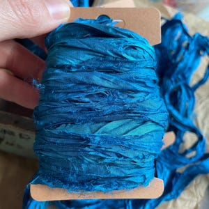 Vintage Sari Silk Ribbon: Teal Blue Fiber Art, Junk Journals - 10 Yards