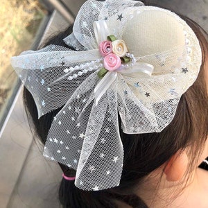 Valentine Glittering Ribbon Mini Top Hat with flower decoration for girls and women, Alligator Hair Clip