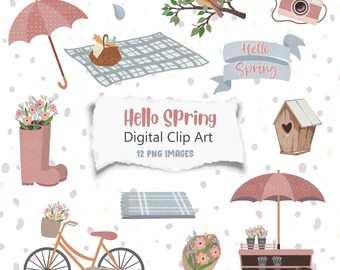 May include: A set of 12 digital clip art images featuring spring-themed illustrations. The images include a pink umbrella, a picnic basket, a checkered blanket, a bird on a branch, a banner with the text "Hello Spring", a pair of pink rain boots with flowers, a birdhouse, a bicycle with a basket of flowers, a bouquet of flowers, a flower stand with an umbrella, and a checkered blanket.