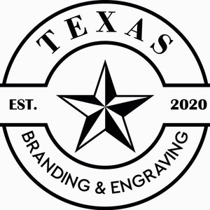 May include: Black and white logo with the text "TEXAS BRANDING & ENGRAVING" in a circle around a five-pointed star. The text "EST. 2020" is on a banner below the circle.