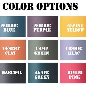 May include: Colour options for a product, shown as nine colour swatches. The colours are: Nordic Blue, Nordic Purple, Alpine Yellow, Desert Clay, Camp Green, Cosmic Lilac, Charcoal, Agave Green, and Bimini Pink.