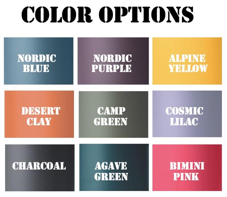 May include: Colour options for a product, shown as nine colour swatches. The colours are: Nordic Blue, Nordic Purple, Alpine Yellow, Desert Clay, Camp Green, Cosmic Lilac, Charcoal, Agave Green, and Bimini Pink.