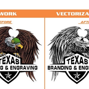 May include: A black and white vector illustration of an eagle with its wings spread, holding a shield with the text "Texas Branding & Engraving" and a star in the center. The eagle is wearing a green hat.
