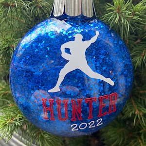 Personalized Baseball Christmas Ornament, Blue Glitter, Baseball Player Gift