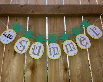 Hello Summer Pineapple Banner, Summer Mantle Decor