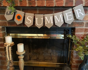 Hello Summer Banner, Sunflower Garland, Summer Mantle Decor
