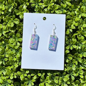 Sparkly Earrings, Glitter Earrings, Confetti Earrings, Resin Earrings, Trendy earrings, Resin Dangles, Rectangle Shaped Dangle Earrings