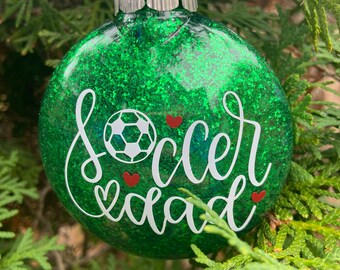 Personalized Soccer Dad Christmas Ornament, Green Glitter Ball