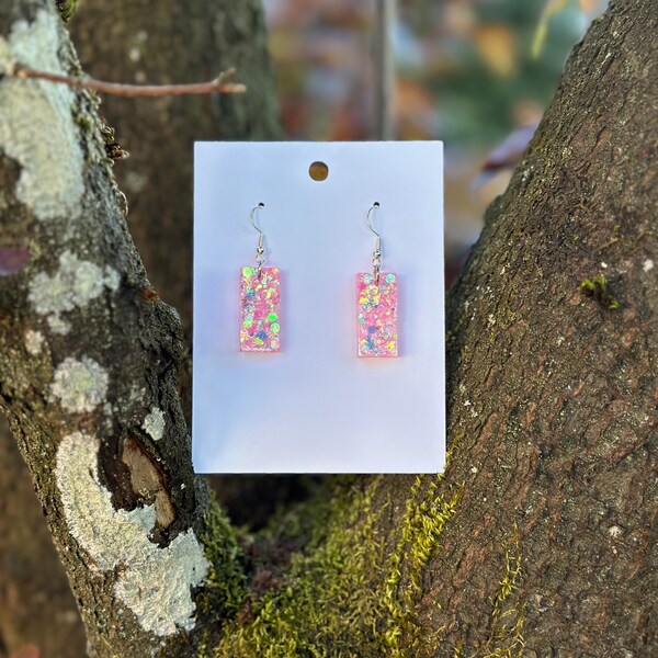 Sparkly Earrings, Glitter Earrings, Confetti Earrings, Resin Earrings, Trendy earrings, Resin Dangles, Rectangle Shaped Dangle Earrings