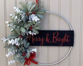 Modern Christmas Hoop Wreath, Minimalist Winter Wreath, Boho Winter Wreath, Winter Eucalyptus Hoop Wreath, Merry & Bright Christmas Wreath
