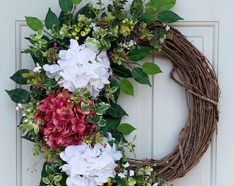 Pink and White Hydrangea Wreath, Spring Wreath, Summer Wreath, Gift for Mom, Modern Front Door Wreath, Farmhouse Wreath, Door Decor