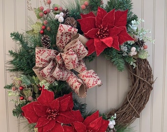 Winter Poinsettia Wreath for Front Door, Red Poinsettia & Pine Winter Wreath, Poinsettia Wreath, All Winter Wreath, Seasonal Wreath