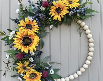 Fall Sunflower Wreath for Front Door, Modern Fall Wreath, Sunflower Wreath, Hoop Wreath, Farmhouse Wreath, Everyday Wreath