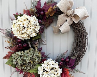 Ivory & Sage Fall Hydrangea Wreath for Front Door, Farmhouse Wreaths,  Rustic Wreaths, Harvest Wreaths, Hydrangea Wreaths, Everyday Wreaths