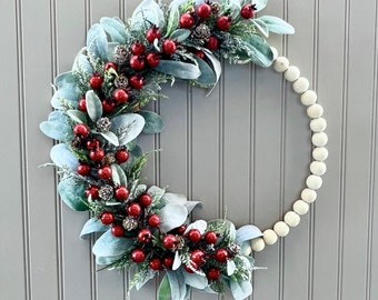 Christmas Wreath w/ Lambs Ear, Modern Winter Hoop Wreath, Boho Winter Wreath, Lambs Ear Wreath, Greenery Wreath for Winter
