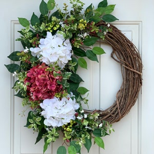 Pink and White Hydrangea Wreath, Spring Wreath, Summer Wreath, Modern Front Door Wreath, Farmhouse Wreath, Front Door Decor